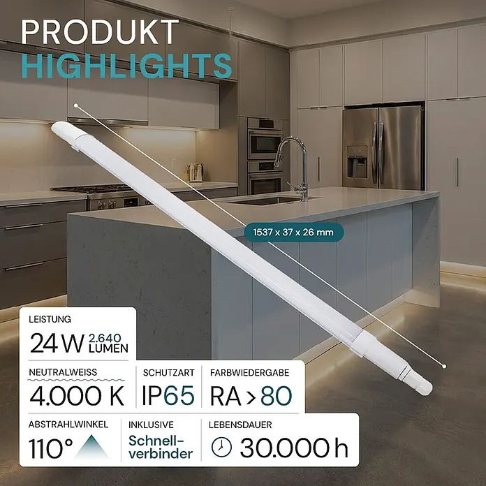 Luxula LED-Feuchtraumlichtleiste Runde LED Deckenleuchte - L x B x H: 150 x 6 x 4,3 cm, 24 W - Weißes lineares LED-Leuchtrohr mit Produktabmessungen und Spezifikationen in einer modernen Küchenumgebung dargestellt.