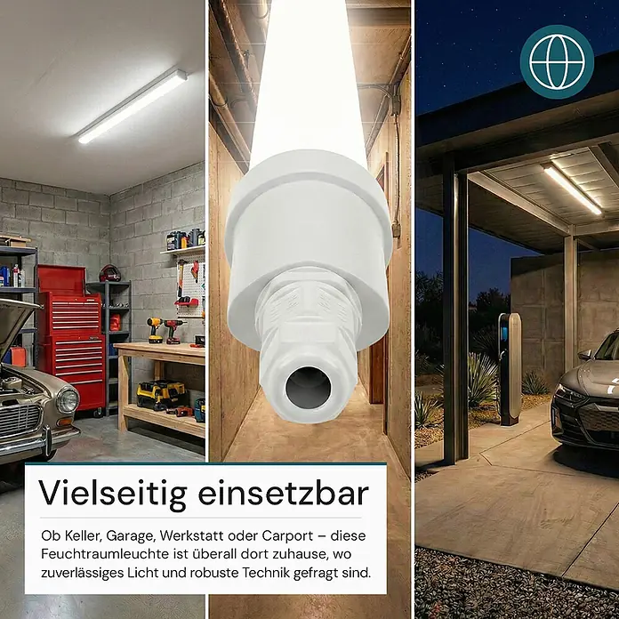 Luxula LED-Feuchtraumlichtleiste Runde LED Deckenleuchte - 9 W - Vielseitige Feuchtraum-LED-Leuchte, in Garage, Keller und Carport gezeigt, betont robuste Bauweise und zuverlässiges Licht.