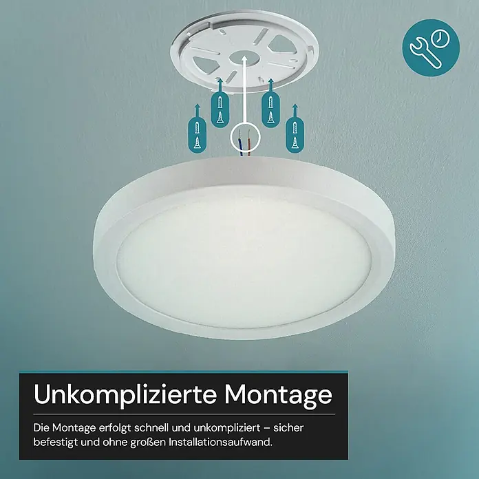 Luxula LED-Deckenleuchte rund - 22 W, Weiß, Mehrfarbig - Weißes, rundes LED-Deckenlicht bei der Montage, mit Montageplatte, Schrauben und Verkabelung.