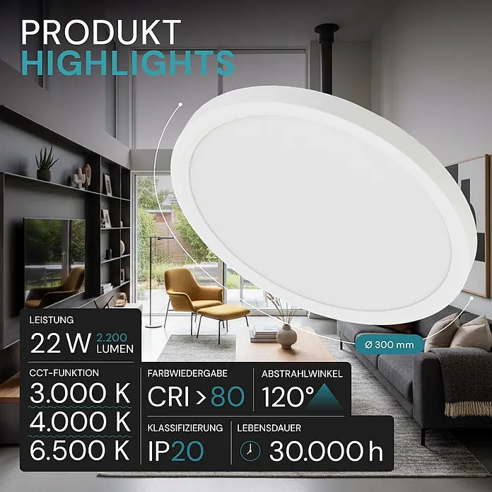 Luxula LED-Deckenleuchte rund - 22 W, Weiß, Mehrfarbig - Runde weiße LED-Deckenleuchte (Ø 300 mm) in modernem Wohnzimmer.