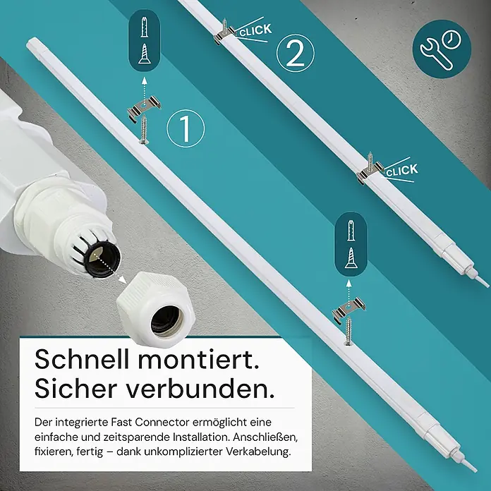 Luxula LED-Feuchtraumlichtleiste Runde LED Deckenleuchte - L x B x H: 150 x 6 x 4,3 cm, 24 W - Weiße LED-Lichtleiste mit Fast Connector. Zeigt die einfache Montage mit Clips und die schnelle Verbindung.