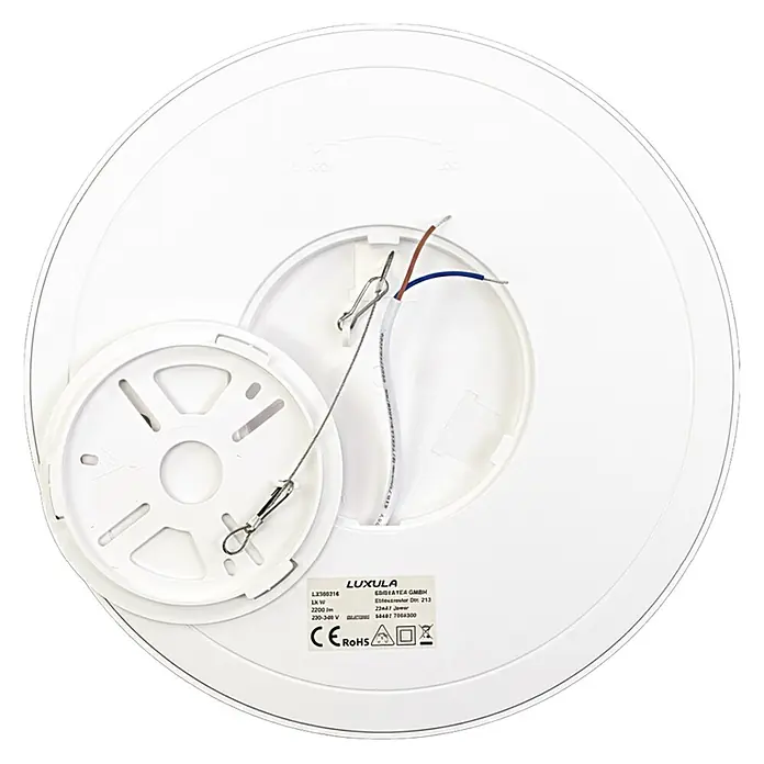Luxula LED-Deckenleuchte rund - 22 W, Weiß, Mehrfarbig - Rückseite einer weißen, runden LED-Deckenleuchte mit abgenommener Montageplatte, elektrischen Kabeln und Produktetikett.