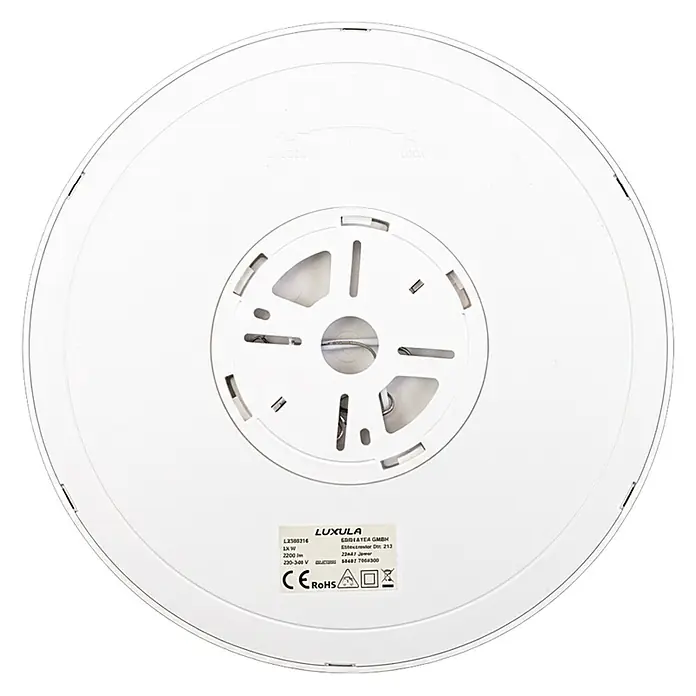 Luxula LED-Deckenleuchte rund - 22 W, Weiß, Mehrfarbig - Runde weiße LED-Deckenleuchte von hinten mit Montagehalterung und Produktetikett.