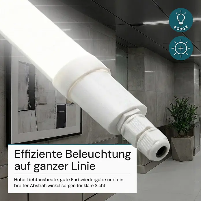 Luxula LED-Feuchtraumlichtleiste Runde LED Deckenleuchte - 9 W - Eine weiße LED-Lichtröhre mit Anschlussende, die leuchtet.
