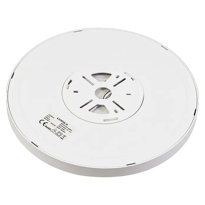 Luxula LED-Deckenleuchte rund - 22 W, Weiß, Mehrfarbig - Weiße runde LED-Deckenleuchte, Rückansicht mit Montageplatte und Spezifikationsetikett.