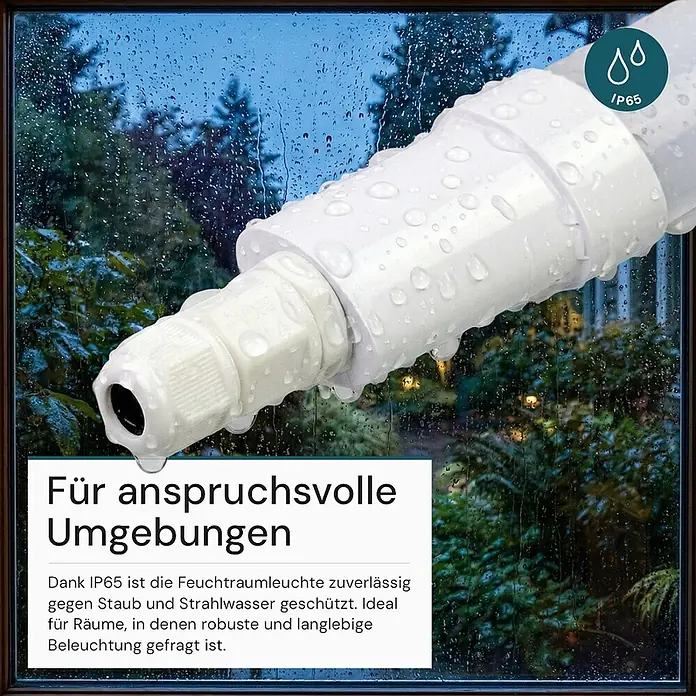 Luxula LED-Feuchtraumlichtleiste Runde LED Deckenleuchte - 9 W - Weißes wasserdichtes Rohr mit Wassertropfen, zeigt IP65 für anspruchsvolle Umgebungen.