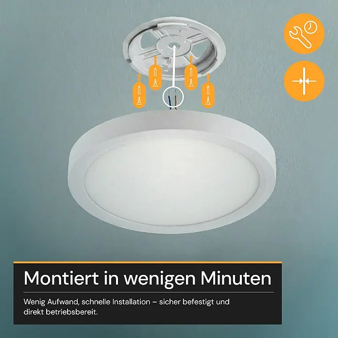 Enovalite LED-Deckenleuchte rund - 22 W, Weiß, Warmweiß - Weiße runde LED-Deckenleuchte wird an einer hellblauen Decke montiert, betont schnelle und einfache Installation.