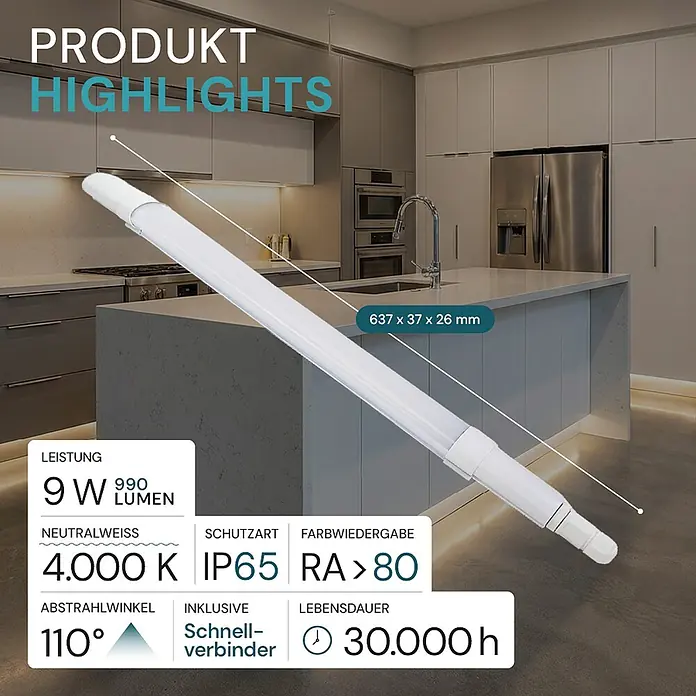 Luxula LED-Feuchtraumlichtleiste Runde LED Deckenleuchte - 9 W - Weißes, lineares LED-Leuchtmittel mit Produktspezifikationen, in einer modernen Küche dargestellt.
