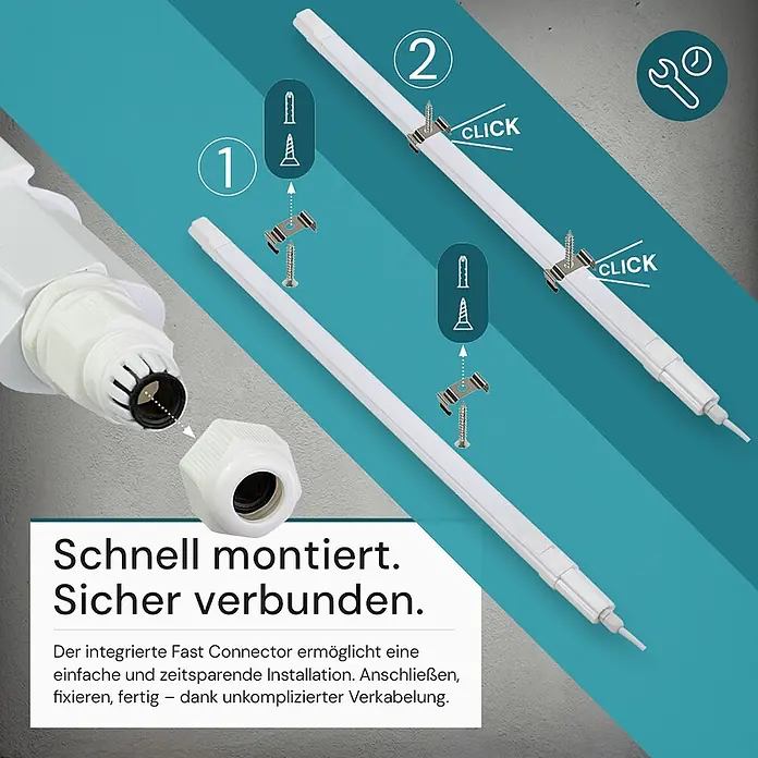 Luxula LED-Feuchtraumlichtleiste Runde LED Deckenleuchte - 9 W - Weiße Kabelkanäle mit Montageklammern und einem Schnellverbinder für einfache, sichere Installation.