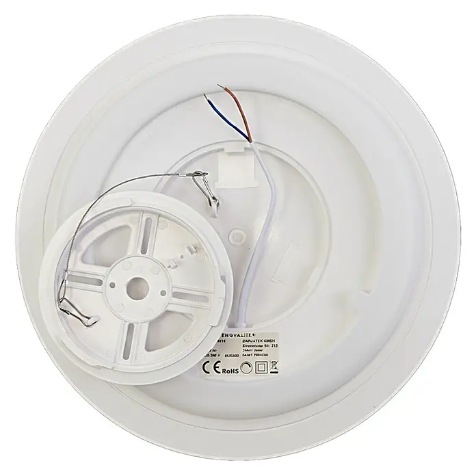 Enovalite LED-Deckenleuchte rund - 22 W, Weiß, Warmweiß - Weiße runde LED-Deckenleuchte, Rückansicht mit Verkabelung, Montageplatte und Sicherheitsseil.