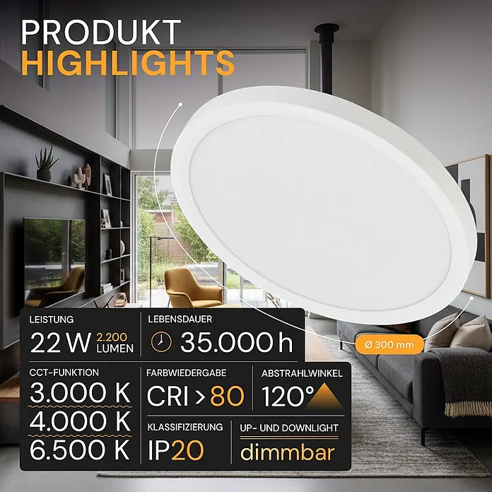 Enovalite LED-Deckenleuchte rund - 22 W, Weiß, Warmweiß - Flache, weiße, runde LED-Deckenleuchte für den Innenbereich, in einem modernen Wohnzimmer.