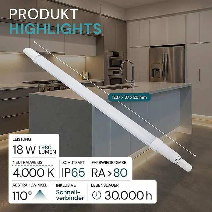 Luxula LED-Feuchtraumlichtleiste Runde LED Deckenleuchte - L x B x H: 120 x 6 x 4,3 cm, 18 W - Weiße LED-Röhrenleuchte (1237x37x26mm) in einer modernen Küche. Produktspezifikationen angezeigt.