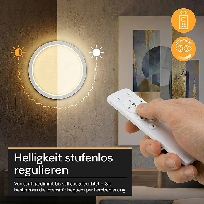 Enovalite LED-Deckenleuchte rund - 22 W, Weiß, Warmweiß - Runde LED-Wandleuchte mit einstellbarer Helligkeit (gedimmt bis hell), gesteuert per Fernbedienung in einer Hand.
