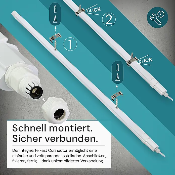 Luxula LED-Feuchtraumlichtleiste Runde LED Deckenleuchte - L x B x H: 120 x 6 x 4,3 cm, 18 W - Weiße LED-Lichtschiene mit Befestigungsclips und Schnellverbinder. Zeigt die einfache Installation mit Schrauben und Klick-Mechanismus.