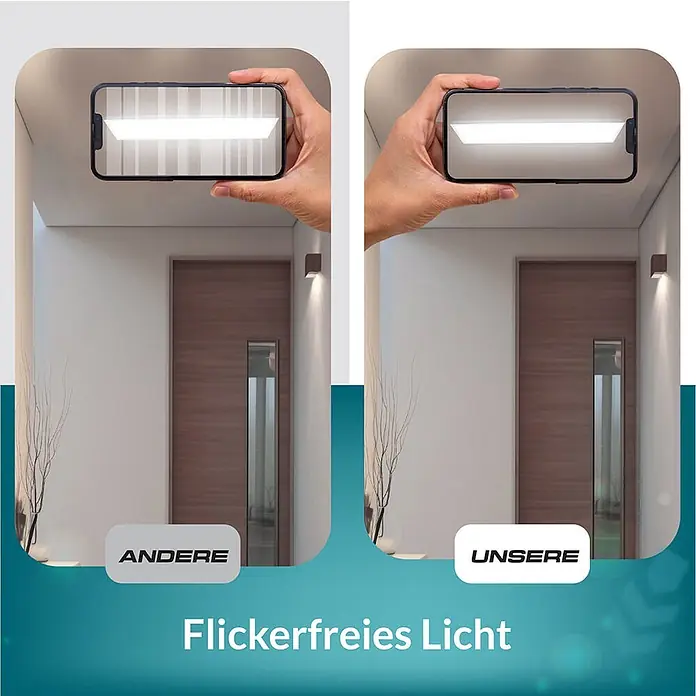 Luxula LED-Deckenleuchte - 36 W, L x B x H: 120 x 30 x 6 cm, Weiß, Neutralweiß - Ein direkter Vergleich: Smartphone zeigt links flackerndes Licht, rechts stabiles, flackerfreies Licht.