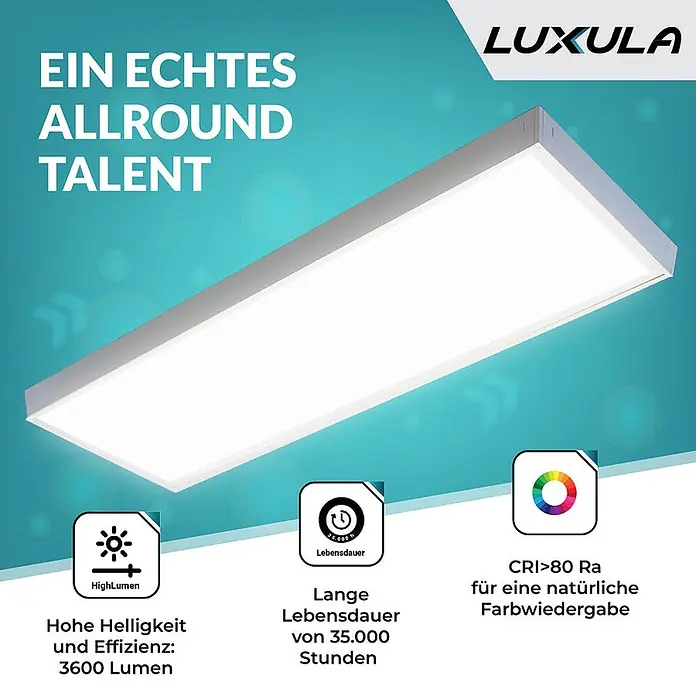 Luxula LED-Deckenleuchte - 36 W, L x B x H: 120 x 30 x 6 cm, Weiß, Neutralweiß - Weißes, rechteckiges LED-Panel mit 3600 Lumen, 35.000h Lebensdauer und hohem CRI für natürliche Farbwiedergabe.