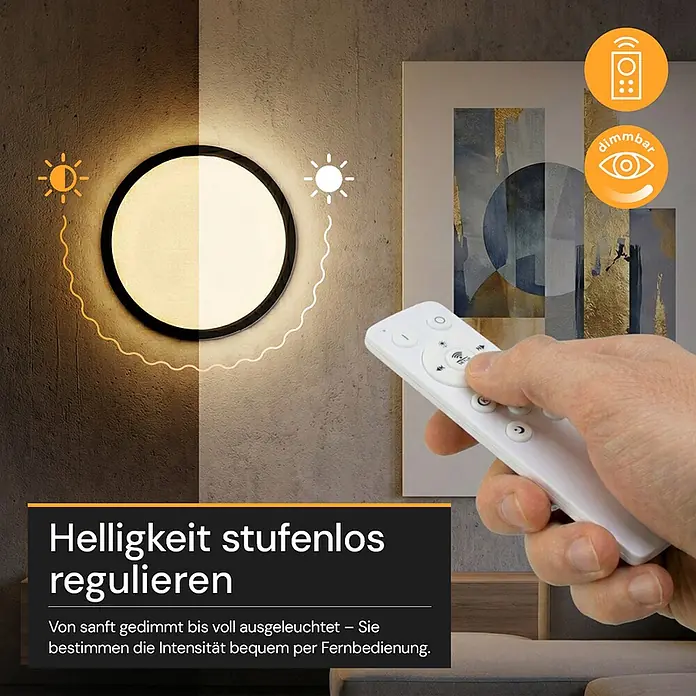 Enovalite LED-Deckenleuchte rund - 22 W, Ø x H: 30 cm x 35 mm, Schwarz, Warmweiß - Eine runde LED-Wandleuchte, die stufenloses Dimmen von warmem bis hellem Licht zeigt, gesteuert per Fernbedienung.