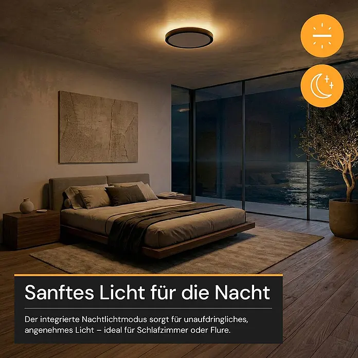 Enovalite LED-Deckenleuchte rund - 22 W, Ø x H: 30 cm x 35 mm, Schwarz, Warmweiß - Eine runde LED-Deckenleuchte mit dunklem Rand spendet warmes, sanftes Licht in einem modernen Schlafzimmer und zeigt ihren Nachtlichtmodus.
