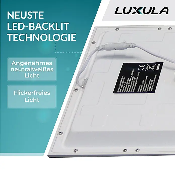 Luxula LED-Deckenleuchte - 36 W, L x B x H: 120 x 30 x 6 cm, Weiß, Neutralweiß - Rückseite eines weißen LED-Panels mit Stromkabelanschluss und Produktinformationsetikett.