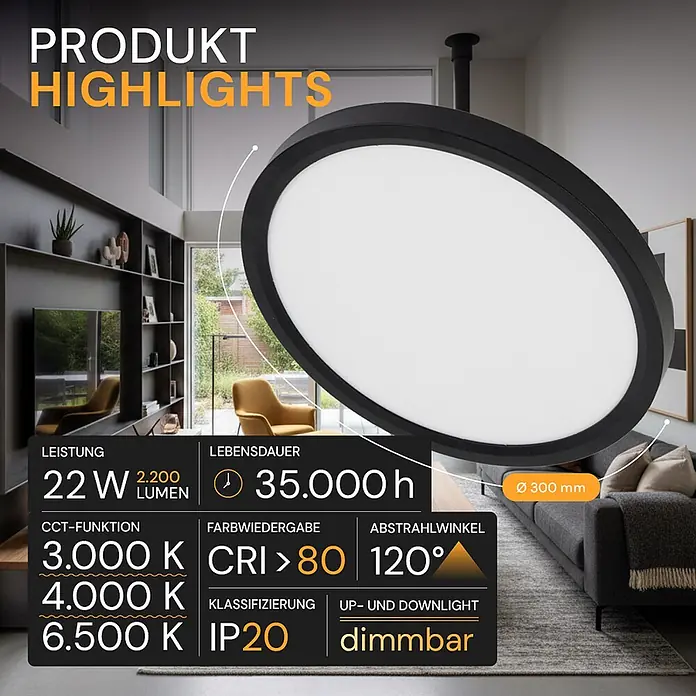 Enovalite LED-Deckenleuchte rund - 22 W, Ø x H: 30 cm x 35 mm, Schwarz, Warmweiß - Schwarze, runde LED-Deckenleuchte (300mm Durchmesser) mit weißem Diffusor, in modernem Wohnzimmer.