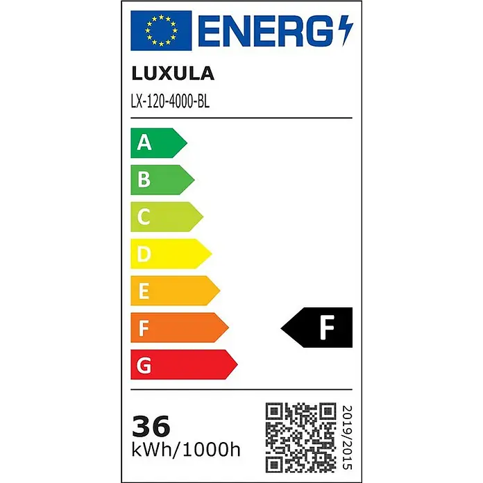 Luxula LED-Deckenleuchte - 36 W, L x B x H: 120 x 30 x 6 cm, Weiß, Neutralweiß - EU-Energielabel für LUXULA LX-120-4000-BL, zeigt Energieeffizienzklasse F und 36 kWh/1000h Verbrauch.