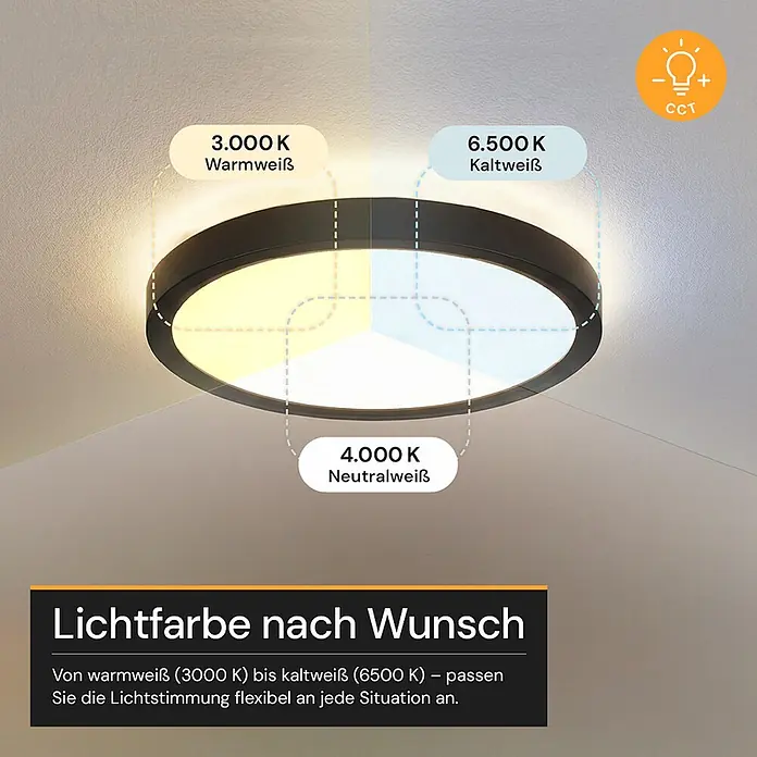 Enovalite LED-Deckenleuchte rund - 22 W, Ø x H: 30 cm x 35 mm, Schwarz, Warmweiß - Runde schwarze LED-Deckenleuchte mit einstellbaren warm- bis kaltweißen Lichttemperaturen.
