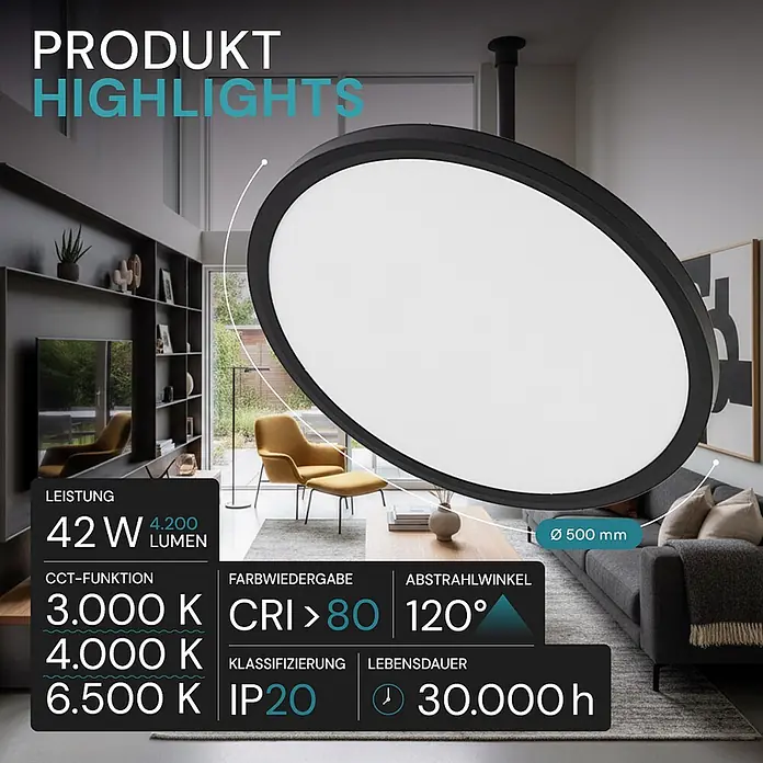 Luxula LED-Deckenleuchte rund - 42 W, Schwarz, Mehrfarbig - Große runde LED-Deckenleuchte mit schwarzem Rahmen und weißem Diffusor, in modernem Wohnzimmer. Zeigt Spezifikationen wie 42W, 4200 Lumen, Ø 500 mm.