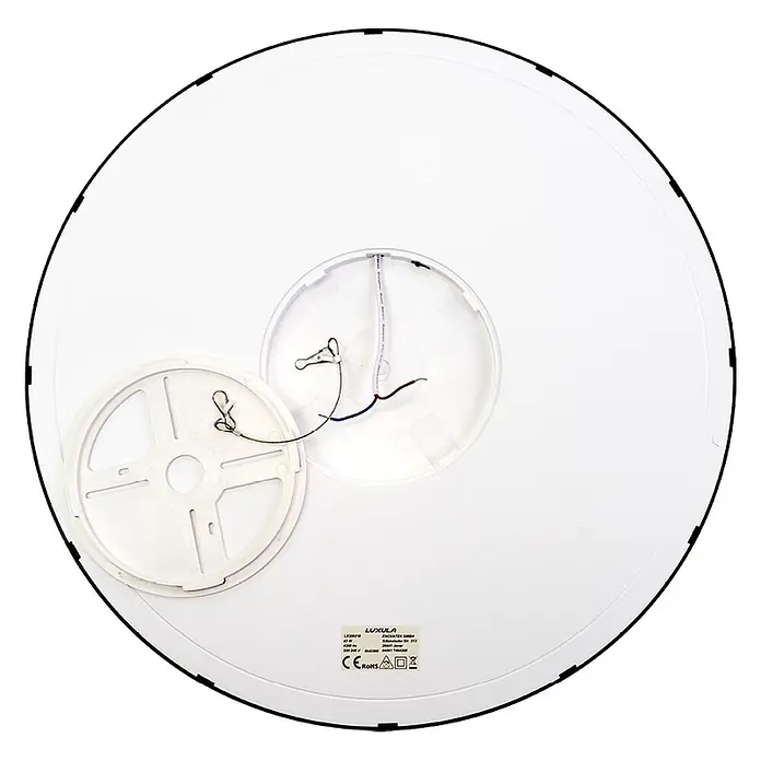 Luxula LED-Deckenleuchte rund - 42 W, Schwarz, Mehrfarbig - Rückansicht einer weißen, runden LED-Deckenleuchte mit sichtbarer Verkabelung, Treiber und Produktetikett.
