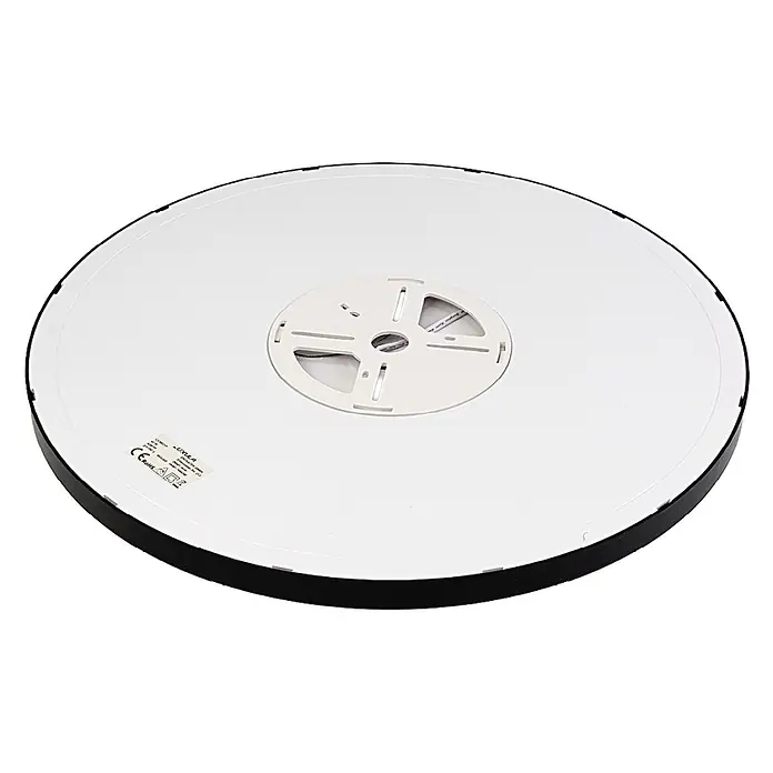 Luxula LED-Deckenleuchte rund - 42 W, Schwarz, Mehrfarbig - Unterseite einer runden schwarzen LED-Deckenleuchte mit weißer Rückwand und zentraler Montagehalterung.