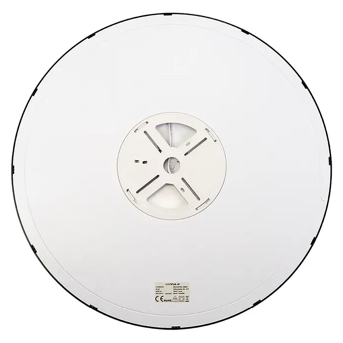 Luxula LED-Deckenleuchte rund - 42 W, Schwarz, Mehrfarbig - Rückseite einer runden weißen LED-Deckenleuchte mit schwarzem Rand und zentraler Montagehalterung, mit Produktinformationen.
