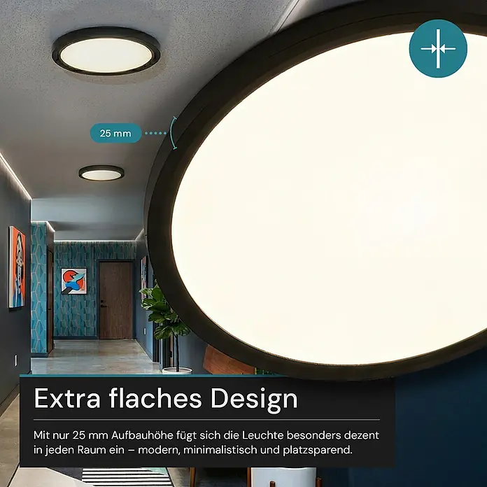 Luxula LED-Deckenleuchte rund - 42 W, Schwarz, Mehrfarbig - Extra flache, runde Deckenleuchte mit dunklem Rand, 25 mm dick, in einem modernen Flur.