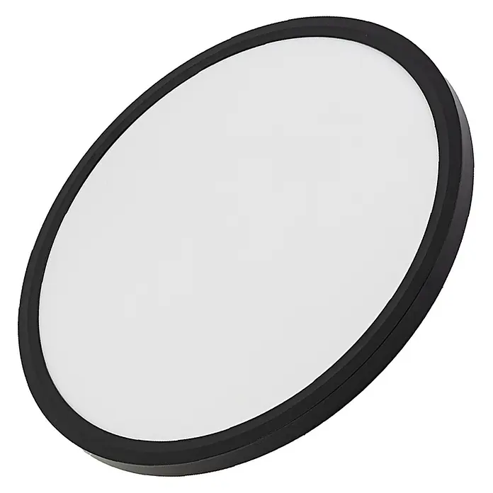Luxula LED-Deckenleuchte rund - 42 W, Schwarz, Mehrfarbig - Rundes weißes LED-Panel mit schwarzem Rahmen, schräg betrachtet.
