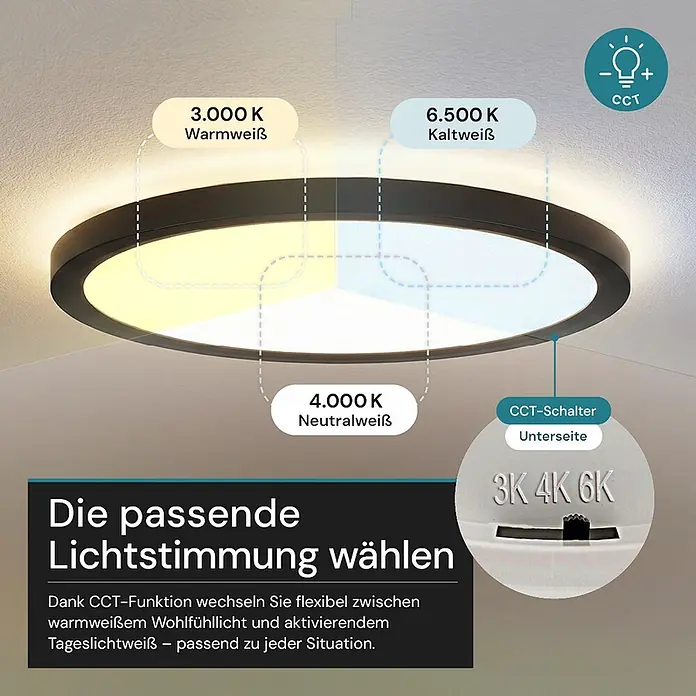 Luxula LED-Deckenleuchte rund - 42 W, Schwarz, Mehrfarbig - Runde schwarze LED-Deckenleuchte, die über einen CCT-Schalter einstellbare warm-, neutral- und kaltweiße Farbtemperaturen zeigt.