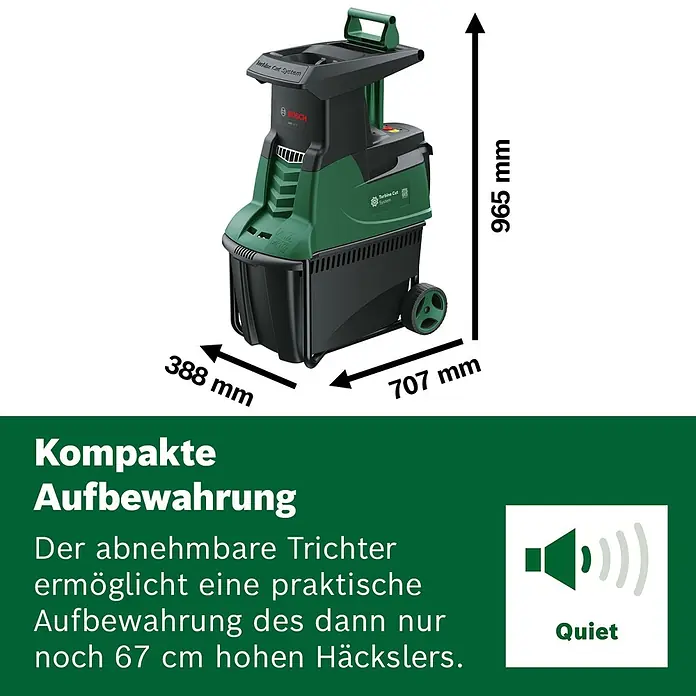 Bosch Elektro-Häcksler AXT 25 TC - Max. Aststärke: 4,5 cm, 2.500 W - Grüner und schwarzer Bosch Gartenhäcksler mit Turbine Cut System, Maßen, sowie kompakte Aufbewahrung und leisem Betrieb hervorgehoben.