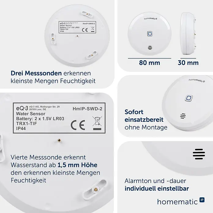 Homematic IP Wassersensor HmIP-SWD-2 - Batteriebetrieben - Weißer, runder Homematic IP Wassersensor. Erkennt Feuchtigkeit und Wasser ab 1,5 mm Höhe. Batteriebetrieben, sofort einsatzbereit.
