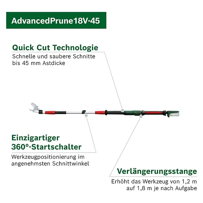 Bosch Power for All 18V Akku-Gartenschere AdvancedPrune 18V-45 mit Verlängerungsstange - 18 V, Li-Ionen, Ohne Akku, Max. Aststärke: 45 mm - Ein grünes, rotes und silbernes kabelloses Hochentaster mit Verlängerungsstange für Äste bis 45 mm.