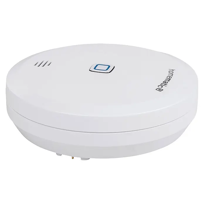Homematic IP Wassersensor HmIP-SWD-2 - Batteriebetrieben - Weißes, rundes Homematic Smart-Home-Sensorgerät mit blau umrandetem Knopf und Lüftungsschlitzen.