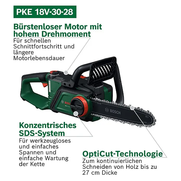 Bosch Power for All 18V Akku-Kettensäge PKE18V-30-28 - 18 V, 4 Ah, Li-Ionen, 1 Akku, Schwertlänge: 30 cm - Grüne und schwarze Bosch Akku-Kettensäge mit schwarzem Schwert, bereit zum Holzsägen.