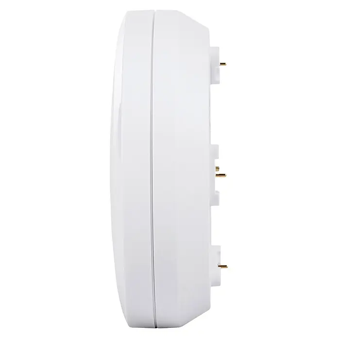 Homematic IP Wassersensor HmIP-SWD-2 - Batteriebetrieben - Weißes elektronisches Gerät aus Kunststoff mit drei goldfarbenen Stiften, von der Seite gesehen.