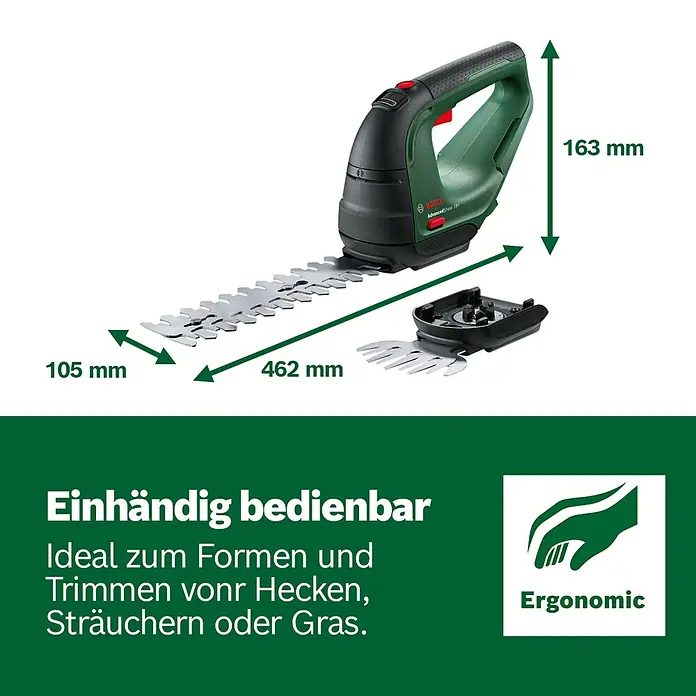 Bosch Power for All 18V Akku-Gras- & Strauchschere AdvancedShear 18V-10 - 18 V, Li-Ionen, 1 Akku, Schwertbreite: 10 cm - Grün-schwarze Bosch Akku-Schere mit zwei Klingenaufsätzen. Abmessungen 462x163x105 mm, ergonomisches Design.