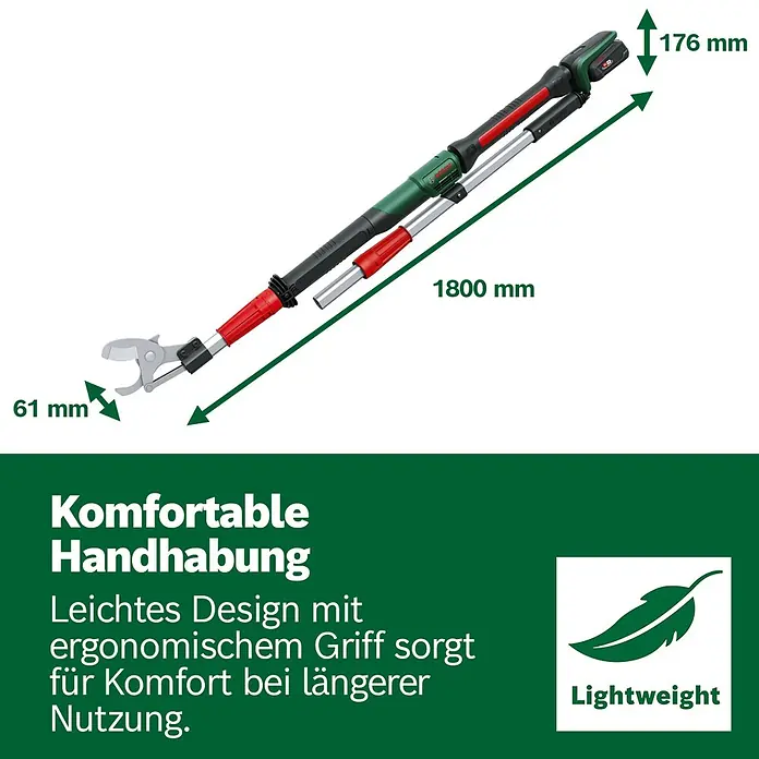 Bosch Power for All 18V Akku-Gartenschere AdvancedPrune 18V-45 mit Verlängerungsstange - 18 V, Li-Ionen, Ohne Akku, Max. Aststärke: 45 mm - Grüner und schwarzer Teleskop-Astschneider, 1800 mm lang, 61 mm Schnittdurchmesser. Leichtgewicht mit ergonomischem Griff für Komfort.