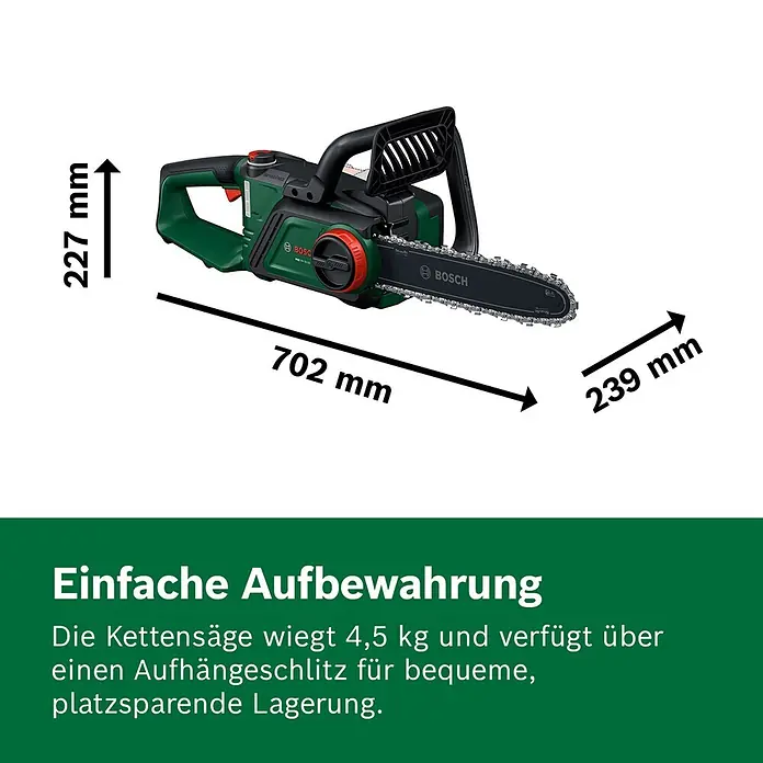 Bosch Power for All 18V Akku-Kettensäge PKE18V-30-28 - 18 V, 4 Ah, Li-Ionen, 1 Akku, Schwertlänge: 30 cm - Grüne und schwarze Bosch Kettensäge, 702x227x239 mm, 4,5 kg, mit Aufhängeschlitz zur Lagerung.