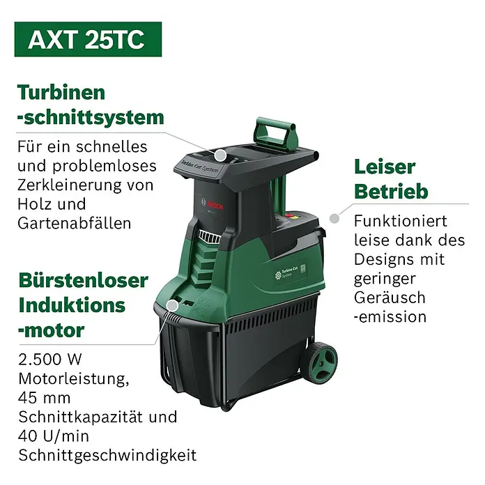 Bosch Elektro-Häcksler AXT 25 TC - Max. Aststärke: 4,5 cm, 2.500 W - Grün-schwarzer Bosch AXT 25TC Gartenhäcksler mit Turbinenschnittsystem für Holz- und Gartenabfälle.
