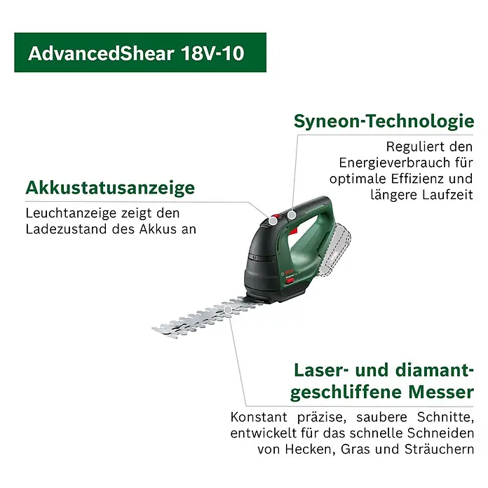Bosch Power for All 18V Akku-Gras- & Strauchschere AdvancedShear 18V-10 - 18 V, Li-Ionen, 1 Akku, Schwertbreite: 10 cm - Grüner und schwarzer Bosch AdvancedShear 18V-10 Akku-Heckenschere.