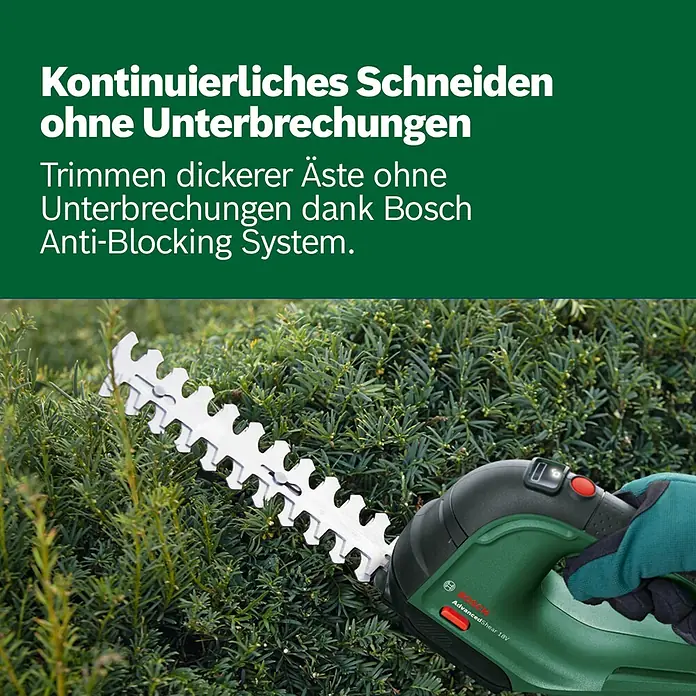 Bosch Power for All 18V Akku-Gras- & Strauchschere AdvancedShear 18V-10 - 18 V, Li-Ionen, 1 Akku, Schwertbreite: 10 cm - Grüne und schwarze Bosch AdvancedShear 18V Heckenschere mit Metallklingen trimmt eine grüne Hecke.