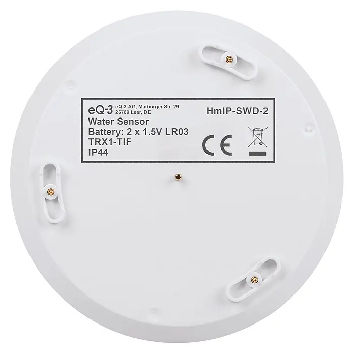 Homematic IP Wassersensor HmIP-SWD-2 - Batteriebetrieben - Weißer, runder HmIP-SWD-2 Wassersensor mit sichtbaren Befestigungslaschen und zentralem Messingkontakt. Schutzart IP44.