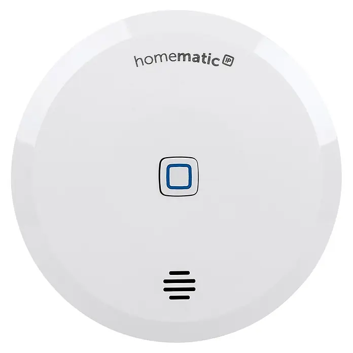 Homematic IP Wassersensor HmIP-SWD-2 - Batteriebetrieben - Runder, weißer Homematic IP Rauchmelder mit mittigem Quadratknopf und Lautsprechergittern.