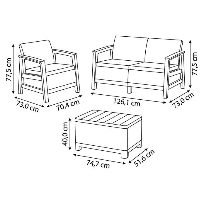 Keter Conjunto de muebles Scandi - Polipropileno, Gris - Conjunto de muebles de exterior con sillón, sofá de dos plazas y baúl de almacenamiento, con dimensiones en centímetros.