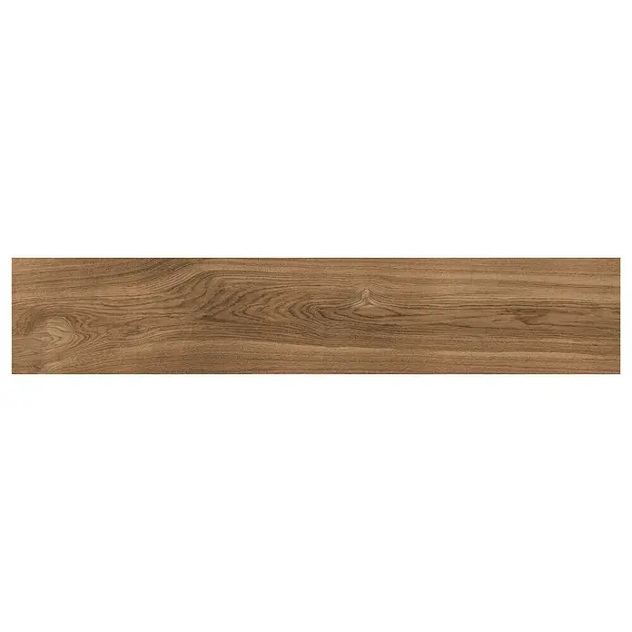 Pavimento porcelánico Selva - 22,5 x 119,5 cm, Teka, Rectificado - Primer plano de un panel de chapa de madera en tonos marrones cálidos, destacando el grano y la textura natural de la madera.