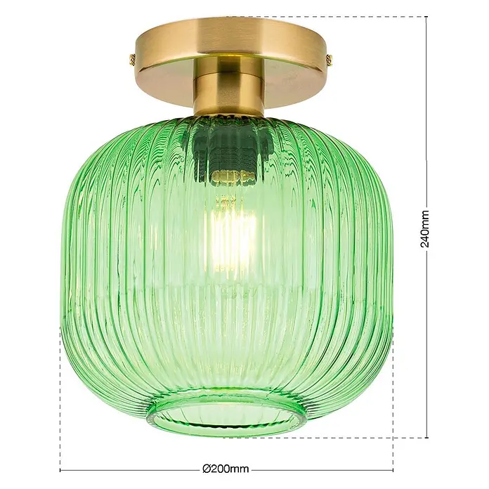 Orion Leuchten Deckenleuchte rund - E27 - Grüne gerippte Glas-Deckenleuchte mit Messingfuß und sichtbarer Glühbirne.